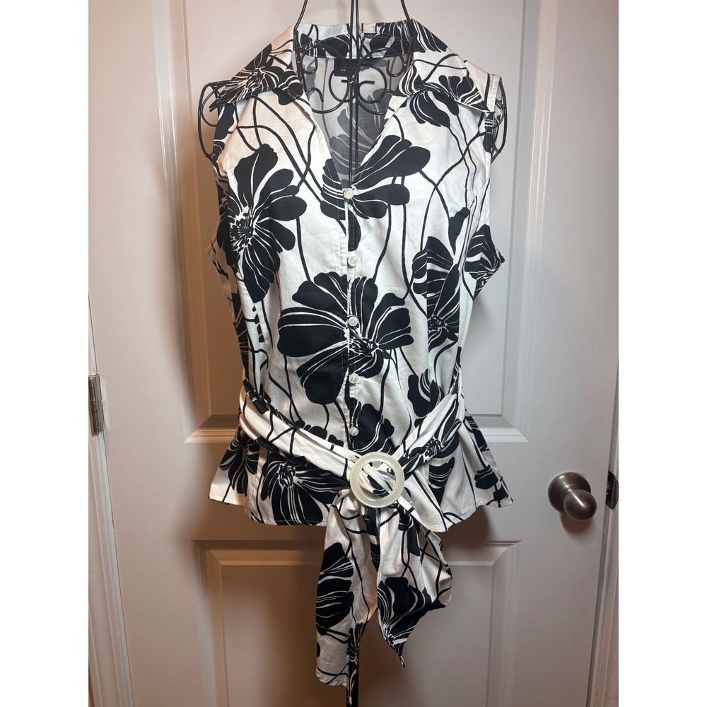 Jones New York Signature Womens Black White Floral Sleeveless Belted Top‎ Large